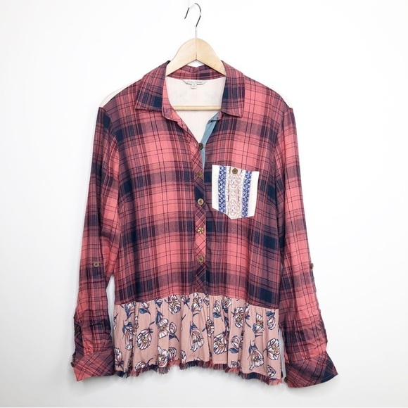 John • Mark Tops - JOHN • Mark mixed media plaid embroidered button-down shirt